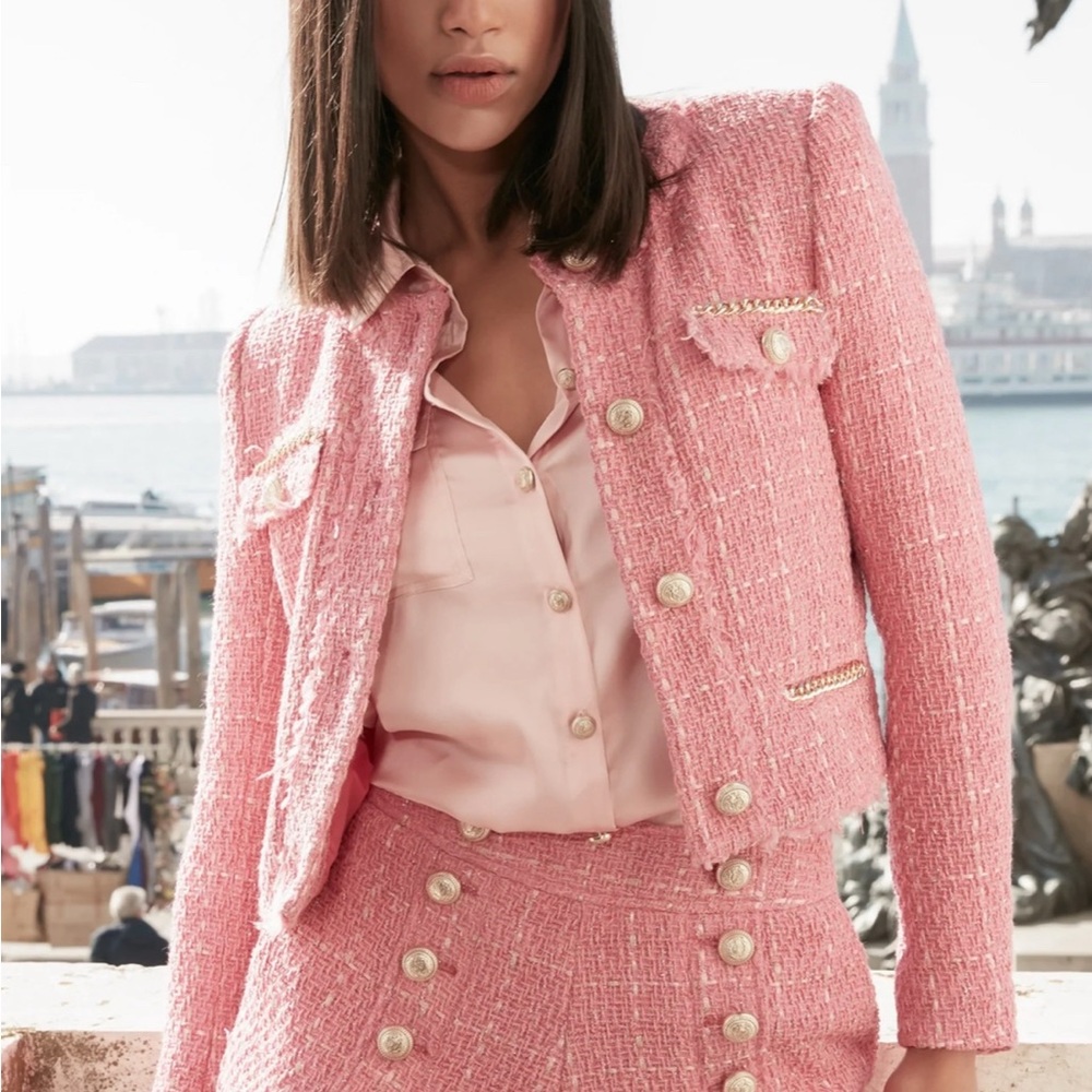 Generation Love Pink Tweed Blazer with Gold Accents